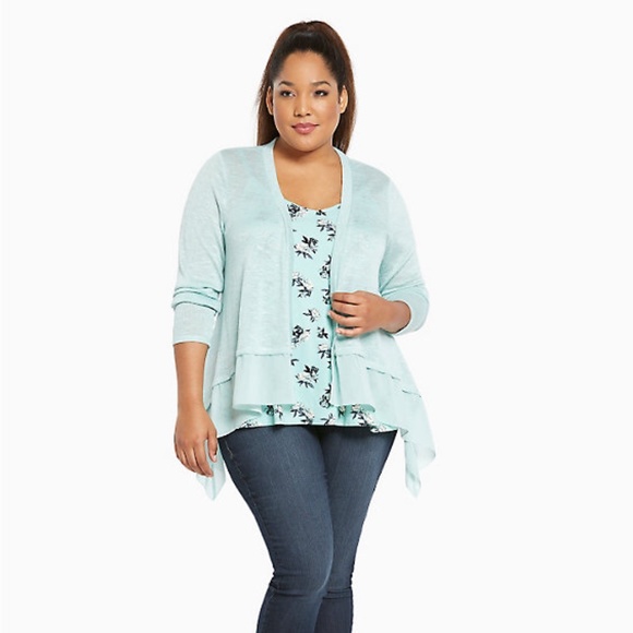 Torrid Chiffon Trim Open Cardigan Teal Sz 1